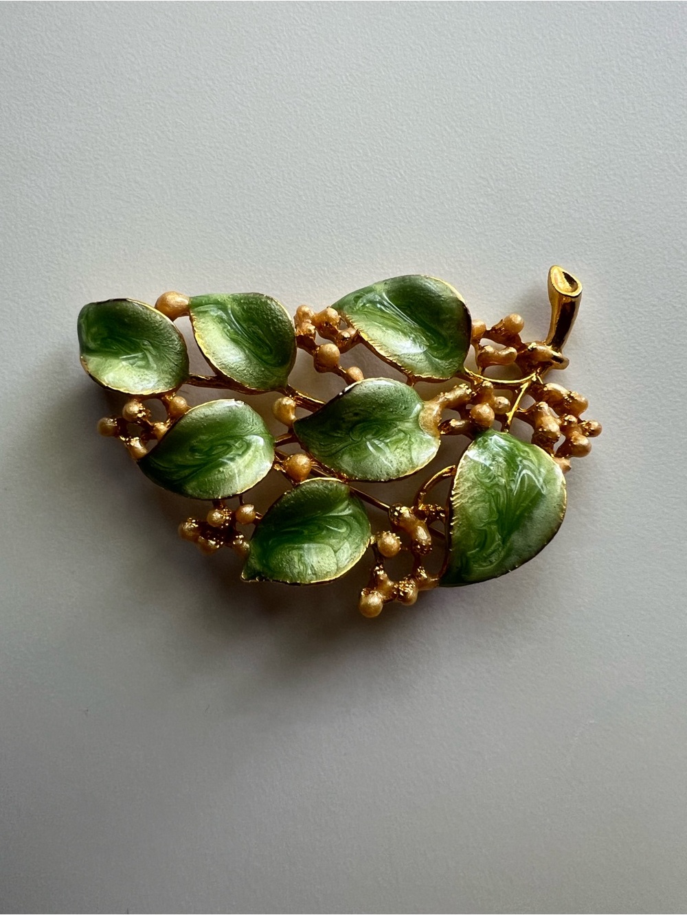Vintage Enamel Leaf Brooch, Green And Gold Tone - Excellent Condition